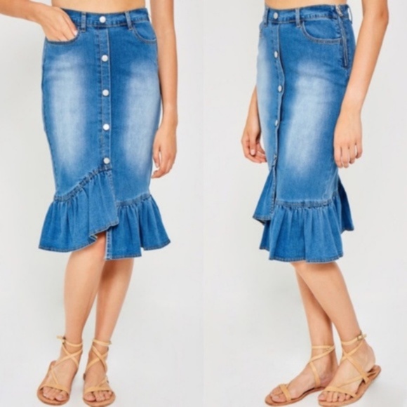 Boho stone Wash Button Denim Ruffle midi Skirt - Picture 3 of 3